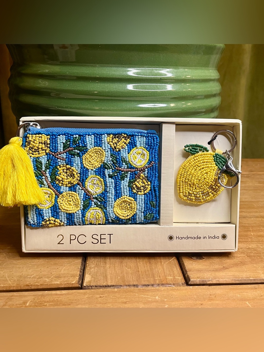 NWT Viral Beaded Lemon Wristlet & Keychain Set in Gift Box~Handmade in India